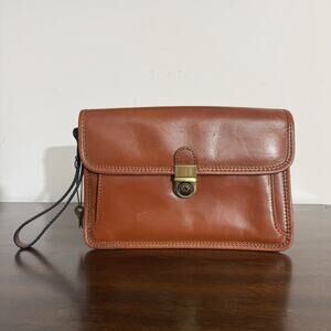 Authentic Vintage Brown Leather Wristlet Clutch Bag Lock & Key EUC